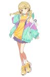  1girl absurdres backpack bag blonde_hair blush braid finger_to_cheek fujita_kotone full_body gakuen_idolmaster hair_ribbon highres idolmaster jacket long_hair looking_at_viewer multicolored_clothes multicolored_jacket official_art open_clothes open_jacket ribbon shirt shoes simple_background skirt smile sneakers socks solo twin_braids white_background yellow_eyes yellow_shirt 