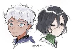  2boys alternate_color bags_under_eyes bazyrak_karlcoux black_eyes black_hair blue_eyes curly_hair dark-skinned_male dark_skin dungeon_meshi elf grey_hair hair_between_eyes kabru korean_text lazy_eye looking_at_viewer male_focus mithrun multiple_boys notched_ear palette_swap pointy_ears portrait short_hair simple_background uneven_eyes wavy_hair white_background 