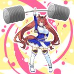  1girl absurdres animal_ears barbell blue_jacket blue_sky blush boots breasts brown_hair commission daiichi_(1279220) daiwa_scarlet_(umamusume) exercising fang full_body garter_straps hair_ribbon hand_on_own_hip hand_up highres horse_ears horse_girl horse_tail huge_breasts jacket long_hair pink_background red_ribbon ribbon skeb_commission skin_fang sky smug solo tail thigh_boots tiara umamusume very_long_hair violet_eyes weightlifting weights white_background white_footwear yellow_background 