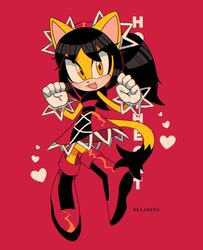  1girl animal_ears black_hair boots cat_ears cat_girl cat_tail dress furry furry_female gloves heart highres honey_the_cat looking_at_viewer paw_pose reaaneru red_background red_dress red_theme solo sonic_(series) sonic_the_fighters sonic_the_hedgehog_(classic) tail twintails yellow_eyes 