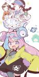  1boy 2girls :d ;p apron bellibolt black_hair blue_hair bow-shaped_hair braid brown_hair candice_(palentine&#039;s_2024)_(pokemon) candice_(pokemon) character_food character_hair_ornament dress eyelashes galarian_darmanitan galarian_darmanitan_(zen) grey_pantyhose hair_ornament highres iono_(pokemon) jacket long_hair looking_at_viewer mbkmmm multicolored_hair multiple_girls official_alternate_costume one_eye_closed pantyhose pink_hair pokemon pokemon_(creature) pokemon_masters_ex sharp_teeth single_leg_pantyhose sleeves_past_fingers sleeves_past_wrists smile star_(symbol) striped_clothes striped_dress teeth tongue tongue_out twin_braids twintails two-tone_hair upper_teeth_only victor_(palentine&#039;s_2024)_(pokemon) victor_(pokemon) visor_cap waist_apron yellow_jacket 