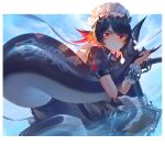  1girl absurdres black_dress black_hair chinese_commentary closed_mouth commentary_request dress ellen_joe fins fish_tail frown highres holding_own_tail ink_zi_mo looking_at_viewer maid_headdress puffy_short_sleeves puffy_sleeves red_eyes shark_tail short_sleeves solo tail wrist_cuffs zenless_zone_zero 