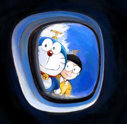  2boys airplane_interior bell clouds collar doraemon doraemon_(character) flying glasses highres jingle_bell looking_at_viewer mochizuki_tagosaku multiple_boys nobi_nobita pov red_collar red_nose shirt sky smile takecopter yellow_shirt 