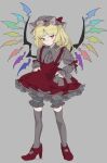  1girl adapted_costume alternate_color blonde_hair chamaruk dress flandre_scarlet full_body grey_background grey_hat grey_shirt hat highres medium_hair mob_cap pointy_ears red_dress red_eyes shirt side_ponytail simple_background touhou wings 