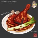  artist_logo artist_name duck_(food) duck_leg farfetch&#039;d food food_focus food_name grey_background highres holding holding_food holding_spring_onion holding_vegetable no_humans pokemon pokemon_(creature) red_wine_sauce sauce simple_background spring_onion vegetable yuki00yo 