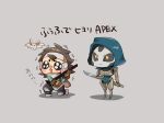  2girls android apex_legends ash_(titanfall_2) bat_(animal) black_pants black_sclera blue_leotard blush boots brown_hair chibi colored_sclera dokuro915 echo_(apex_legends) frown grey_background grey_footwear gun holding holding_gun holding_sword holding_weapon hood hood_up leotard looking_ahead multiple_girls open_mouth orange_eyes pants shadow short_hair simple_background simulacrum_(titanfall) smile sword trembling vantage_(apex_legends) weapon 