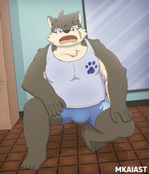  frown furry locker_room mirror mkaiast moritaka_(housamo) swimwear tank_top tokyo_afterschool_summoners 