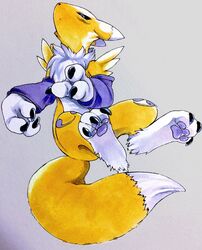  animal_feet black_sclera blue_eyes body_fur body_markings claws colored_sclera detached_sleeves digimon digimon_(creature) fox_tail furry grey_background highres kagaya_(oshiriudon) no_humans purple_sleeves solo tail white_fur yellow_fur 