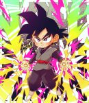  &gt;:) 1boy black_hair black_pants black_shirt boots border bright_pupils chibi chibi_only closed_mouth commentary_request dragon_ball dragon_ball_super earrings energy goku_black grey_eyes imminent_attack jewelry long_sleeves looking_ahead male_focus open_hands pants potara_earrings shirt short_hair single_earring smirk solo spiky_hair thick_eyebrows translation_request turtleneck v-shaped_eyebrows vespa_(kaiten69) white_border white_footwear white_pupils 