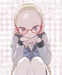  1girl abstract_background blonde_hair blue_ribbon blush braid brown_eyes forehead frown glasses grey_serafuku juusan_kihei_bouei_ken kisaragi_tomi looking_at_viewer minashirazu pink_background red-framed_eyewear ribbon school_uniform serafuku sitting solo twin_braids vanillaware 