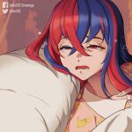  1girl alear_(female)_(fire_emblem) alear_(fire_emblem) blue_eyes blue_hair crossed_bangs drooling fire_emblem fire_emblem_engage half-closed_eyes heterochromia highres johncgz limmy_waking_up_(meme) long_hair meme mouth_drool multicolored_hair open_mouth pikachu pillow red_eyes redhead saliva sleepy solo split-color_hair two-tone_hair very_long_hair 