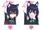  1girl angry animal_ear_fluff animal_ears black_hair blue_archive cat_ears closed_mouth cropped_torso embarrassed extra_ears halo heart long_hair looking_at_viewer multiple_views nanju_bami official_alternate_costume open_mouth pink_halo red_eyes serika_(blue_archive) sidelocks simple_background twintails waitress white_background 