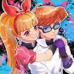  1boy 1girl aitommylove blossom_(ppg) blue_eyes cartoon_network closed_mouth company_connection crossover dexter&#039;s_laboratory dexter_(dexter&#039;s_laboratory) glasses gloves hair_between_eyes hairband highres jacket long_sleeves orange_hair pink_eyes ponytail powerpuff_girls purple_gloves red_hairband smile white_jacket 