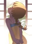  1girl absurdres arms_behind_back blunt_bangs blush braid brown_hair child dress glasses highres long_hair looking_at_viewer looking_back mesugaki_(orenji) orenji_(wholesomeorenji) original see-through_silhouette shaft_(company) shaft_look shouji sliding_doors sundress watanabe_akio_(style) yellow_eyes 