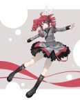  1girl blush boots bow cross-laced_footwear esy full_body hair_bow highres kasane_teto kasane_teto_(sv) lace-up_boots long_hair long_sleeves midriff open_mouth outstretched_arms red_eyes redhead skirt solo synthesizer_v twintails utau 