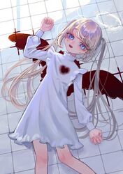  1girl angel bangs blood bloody_clothes blue_eyes crying dress female halo long_hair long_sleeves looking_to_the_side lying nelta_rene open_mouth solo tears tile_floor twintails white_dress white_hair young 