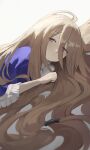  1girl absurdly_long_hair absurdres artur_link blue_capelet bow brown_hair capelet commentary hair_between_eyes highres long_hair looking_at_viewer lying on_side pink_eyes sense_(sousou_no_frieren) simple_background solo sousou_no_frieren very_long_hair white_background white_bow 