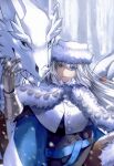  1girl animal_ears blue_eyes cape capelet cat_ears cat_girl dobrynya_nikitich_(fate) dobrynya_nikitich_(first_ascension)_(fate) dress fate/grand_order fate_(series) fur-trimmed_cape fur-trimmed_capelet fur-trimmed_headwear fur_trim gauntlets hat highres kankitsurui_(house_of_citrus) long_hair long_sleeves looking_at_viewer smile white_cape white_capelet white_hair 