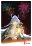  1girl absurdres adjusting_scarf aerial_fireworks aran_sweater arknights bandaged_arm bandages black_sky blue_hair border braid cable_knit chinese_commentary coat colored_extremities commentary_request cropped_legs dragon_girl dragon_horns fireworks hands_up highres holding holding_lantern horns lantern light_particles ling_(arknights) long_hair looking_at_viewer night night_sky open_clothes open_coat pointy_ears purple_horns scarf short_sleeves signature sky smile solo sweater violet_eyes white_border white_coat white_scarf white_sweater yinhepongpong 