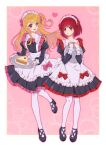  2girls :d absurdres alternate_costume apron arima_kana black_dress black_footwear blonde_hair blush bow bowtie cake cake_slice collarbone dress enmaided food frills high_heels highres holding holding_plate hoshino_ruby long_hair looking_at_another maid maid_apron maid_headdress multiple_girls open_mouth oshi_no_ko pantyhose pink_background pink_bow pink_bowtie pink_eyes plate redhead shoes short_hair smile star-shaped_pupils star_(symbol) symbol-shaped_pupils waist_apron white_pantyhose xiang_yu_pai 