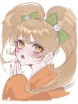  1girl :o absurdres blonde_hair blush_stickers cropped_torso danganronpa_(series) danganronpa_2:_goodbye_despair from_side hair_between_eyes hand_up highres japanese_clothes kimono long_sleeves lower_teeth_only mi_loveyouuu orange_eyes orange_kimono saionji_hiyoko solo teeth tongue twintails white_background wide_sleeves 