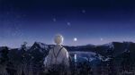  1boy artist_name blonde_hair from_behind grass highres illumi999 lake male_focus moon mountain nature night night_sky original outdoors reflection reflective_water shooting_star short_hair sky solo upper_body 