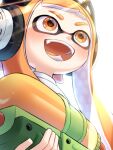  1girl :d amakusa_setoka colored_tongue fangs headphones highres holding inkling inkling_girl inkling_player_character light_rays long_hair open_mouth orange_eyes orange_hair orange_tongue smile solo splatoon_(series) splatoon_1 splattershot_(splatoon) super_soaker teeth tentacle_hair 