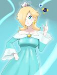  1girl a3_k306021 bare_shoulders blonde_hair blue_background blue_dress blue_eyes bob-omb brooch closed_mouth crown dress earrings eyelashes hair_over_one_eye highres index_finger_raised jewelry light_frown long_hair long_sleeves looking_at_viewer off-shoulder_dress off_shoulder rosalina solo star_(symbol) star_brooch star_earrings super_mario_bros. super_mario_galaxy wide_sleeves 