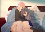  2girls alternate_costume black_hoodie black_socks blanket blue_hair blue_shorts blush commission couch cuddling hair_intakes highres hololive hololive_english hood hoodie long_hair medium_hair messy_hair mori_calliope multiple_girls on_couch ouro_kronii pillow pink_hair second-party_source shorts sleeping socks virtual_youtuber yuri yuutomeh 