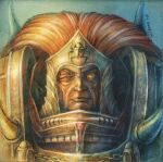  1boy ancient_egyptian_hat armor artist_name breastplate closed_mouth colored_skin commentary english_commentary long_hair magnus_the_red male_focus missing_eye noldofinve pauldrons power_armor primarch red_skin redhead scarab shoulder_armor signature solo straight-on the_horned_raiment thousand_sons traditional_media upper_body warhammer_40k yellow_eyes 
