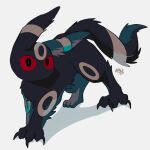  animal_focus blue_pupils claws closed_mouth colored_sclera commentary_request full_body grey_background looking_at_viewer mekkyaru824 no_humans pokemon pokemon_(creature) red_eyes red_sclera simple_background solo standing three_quarter_view umbreon white_background 
