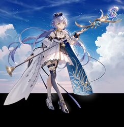  1girl black_bow black_footwear black_ribbon black_thighhighs blue_cape blue_sky bow breasts cape clouds commentary crossed_legs detached_collar detached_sleeves dress empire_waist fantasy floating_hair full_body garter_straps green_eyes grey_hair hair_between_eyes hair_bow hair_rings high_heels highres holding holding_staff juliet_sleeves light_particles long_hair long_sleeves looking_at_viewer low_twintails luo_tianyi mage_staff neck_ribbon official_art puffy_sleeves ribbon short_dress side_cape single_bare_shoulder single_sleeve single_thighhigh single_wide_sleeve sky sleeveless sleeveless_dress solo staff standing thigh-highs tidsean twintails very_long_hair vocaloid vsinger_(vocaloid) white_dress wrist_cuffs 