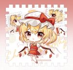 1girl ascot bat_wings blonde_hair bow chibi commentary_request crystal flandre_scarlet frilled_skirt frills full_body hat hat_bow hat_ribbon highres looking_at_viewer mob_cap multicolored_wings one_side_up postage_stamp puffy_short_sleeves puffy_sleeves red_bow red_eyes red_skirt red_vest ribbon sample_watermark short_hair short_sleeves side_ponytail skirt skirt_set solo touhou vest watermark white_hat wings xingguang115 yellow_ascot 