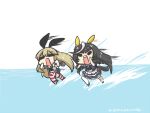  2girls animal_ears black_hair blonde_hair blush calstone_light_o_(umamusume) chibi closed_eyes commentary_request detached_sleeves goma_(gomasamune) hair_ornament highres horse_ears horse_girl horse_tail kantai_collection multiple_girls open_mouth running school_uniform shimakaze_(kancolle) tail thigh-highs twitter_username umamusume water white_background 