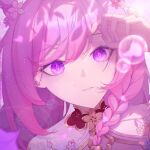  1girl braid bubble commentary diamond-shaped_pupils diamond_(shape) elysia_(herrscher_of_human:ego)_(honkai_impact) elysia_(honkai_impact) elysia_(peachy_spring)_(honkai_impact) english_commentary eun_(eunice) flower hair_between_eyes hair_flower hair_ornament hand_up honkai_(series) honkai_impact_3rd long_hair looking_up official_alternate_costume parted_lips pink_hair pink_pupils pink_theme portrait shade side_braid sidelocks single_braid solo symbol-shaped_pupils violet_eyes 