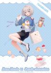  1girl artist_name bag black_shorts blue_eyes boots cake character_name cross-laced_footwear cup food full_body grey_hair hair_between_eyes hair_ornament hairclip highres kanda_done long_sleeves looking_at_viewer open_mouth sanrio short_hair shorts shoulder_bag smile solo spoon teacup tuxedo_sam white_bag white_footwear x_hair_ornament 