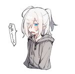  1girl ahoge azuma_shino blue_eyes blush collarbone eyes_visible_through_hair fang grey_hoodie heterochromia hood hoodie nowareno_(azuma_shino) open_mouth original pointy_ears ponytail short_ponytail skin_fang slit_pupils solo white_background white_hair 