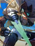  1boy blonde_hair brown_cloak cloak commentary cowboy_shot crotch_plate energy_sword forehead_jewel gradient_background green_eyes highres holding holding_sword holding_weapon long_hair mega_man_(series) mega_man_zero_(series) omochi_(mochi_skymega) red_helmet solo sword weapon z_saber zero(z)_(mega_man) zero_(mega_man) 