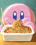  chopsticks eating food food_focus food_on_face green_background highres kirby kirby_(series) miclot no_humans noodles table 
