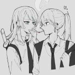  2girls bang_dream! bang_dream!_it&#039;s_mygo!!!!! cigarette cigarette_kiss closed_mouth collared_shirt commentary_request earclip earrings eye_contact green_eyes greyscale highres holding holding_cigarette jewelry lone_nape_hair long_hair looking_at_another medium_hair mole mole_under_eye monochrome multiple_girls nanami_(nunnun_0410) ponytail shiina_taki shirt smoke spot_color sword sword_on_back translation_request weapon weapon_on_back yahata_umiri yuri 