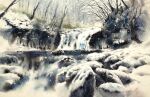  bare_tree bush clouds cloudy_sky dead_plants fog forest highres nature no_humans original painting_(medium) rock scenery shimizu_megumi_(m_acquerello) sky snow snowing sunlight traditional_media tree water watercolor_(medium) waterfall 