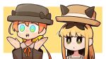  2girls aqua_eyes black_bow black_hat black_ribbon black_shirt blonde_hair boater_hat border bow bright_pupils brown_hat commentary_request dress floating_hat green_eyes grey_dress hands_up hat hat_bow hat_ribbon highres long_hair long_sleeves looking_ahead multiple_girls neck_ribbon open_mouth orange_hair orange_ribbon original outline outside_border ribbon shirt short_hair_with_long_locks simple_background sleeveless sleeveless_dress smile takurada teeth triangle_mouth upper_body upper_teeth_only white_border white_outline white_pupils white_ribbon yellow_background 