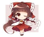  1girl absurdres ascot bow chibi detached_sleeves frilled_bow frilled_hair_tubes frills full_body gohei hair_bow hair_tubes hakurei_reimu hat highres misosiru_0224 one_eye_closed red_bow red_skirt ribbon-trimmed_sleeves ribbon_trim skirt skirt_set solo touhou witch_hat yellow_ascot 