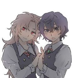  2boys @_@ alternate_costume black_eyes black_hair black_vest bright_pupils brooch closed_mouth collared_shirt commentary_request gigantea_pp green_brooch hatsutori_hajime highres jewelry juliet_sleeves korean_commentary long_hair long_sleeves lower_teeth_only male_focus multiple_boys open_mouth palms_together parted_bangs pink_brooch pink_hair puffy_sleeves red_eyes saibou_shinkyoku shirt simple_background smile teeth upper_body utsugi_noriyuki vest white_background white_pupils white_shirt 