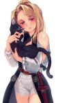  1girl absurdres amoretta_virgine animal black_cat blush cat grimgrimoire highres holding holding_animal holding_cat long_hair looking_to_the_side parted_lips red_eyes shiny_skin simple_background solo standing upper_body white_background yamamori_kuukai 