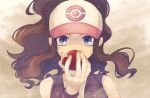  1girl absurdres blue_eyes brown_hair commentary_request hand_up hat highres hilda_(pokemon) holding holding_poke_ball long_hair looking_at_viewer open_clothes open_vest poke_ball poke_ball_(basic) poke_ball_print pokemon pokemon_bw ryusa_(gjgd7445) shirt sidelocks solo twitter_username upper_body vest white_hat white_shirt wristband 