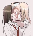  2girls blush brown_hair cellphone closed_eyes collared_shirt commentary_request dodododos51 ear_piercing from_side holding holding_phone kiss long_hair multiple_girls necktie original phone piercing red_necktie school_uniform selfie shirt smartphone smile taking_picture white_shirt yuri 