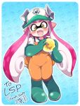  baseball_cap blush boots eromame fang full_body gloves golden_egg green_footwear green_gloves hat holding inkling inkling_girl inkling_player_character jumpsuit lifebuoy orange_jumpsuit orange_overalls overalls pink_hair pointy_ears print_headwear rubber_boots rubber_gloves salmon_run_(splatoon) skin_fang splatoon_(series) swim_ring tentacle_hair yellow_eyes 