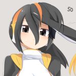  2girls black_eyes black_hair black_jacket blonde_hair blush closed_mouth commentary_request emperor_penguin_(kemono_friends) frown grey_background hair_between_eyes hair_lift hand_in_another&#039;s_hair headphones jacket kemono_friends lets0020 long_bangs looking_at_viewer multicolored_hair multiple_girls numbered one-piece_swimsuit orange_hair rockhopper_penguin_(kemono_friends) short_hair simple_background solo_focus streaked_hair swimsuit upper_body white_one-piece_swimsuit 
