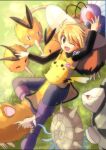  1girl ;d arm_up black_shirt blonde_hair blue_pants boots brown_eyes butterfree commentary_request dodrio erin_oekaki0803 flower golem_(pokemon) hair_flower hair_ornament happy hat highres long_sleeves lying omastar on_back on_grass one_eye_closed open_mouth pants petting pikachu pink_flower pokemon pokemon_(creature) pokemon_adventures purple_footwear raticate shirt short_hair smile straw_hat swept_bangs tunic turtleneck turtleneck_shirt yellow_(pokemon) yellow_tunic 